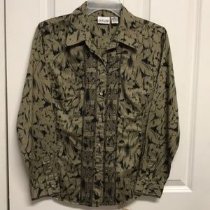 Chico’s Green Black Embroidered Floral Long Sleeve Cotton Top Size S